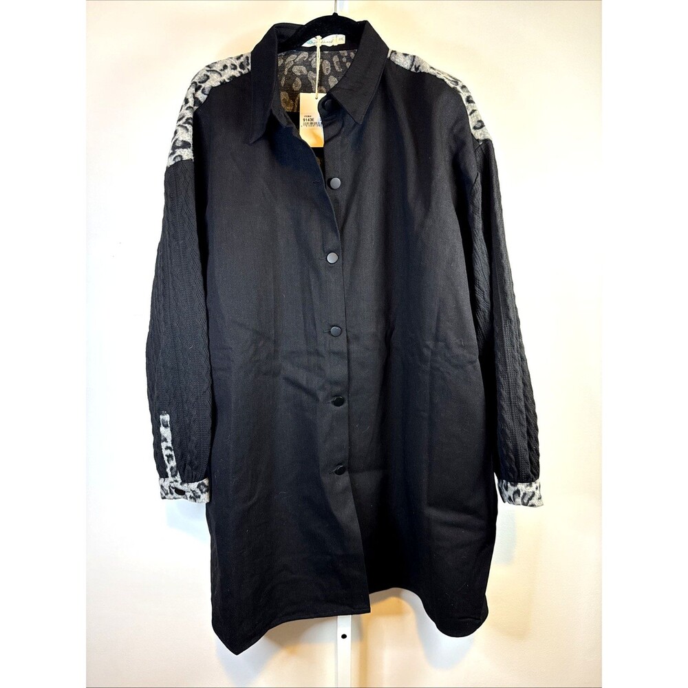 NEW Southern Grace Shacket Womens 2XL Black Leopard Trim Button Front Light